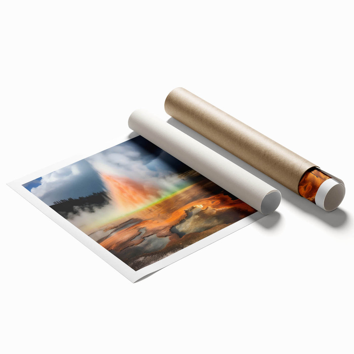 Rolled canvas print showcasing vibrant geyser landscape art with rich colors, perfect for home decor. Packaged securely in a protective cardboard tube.