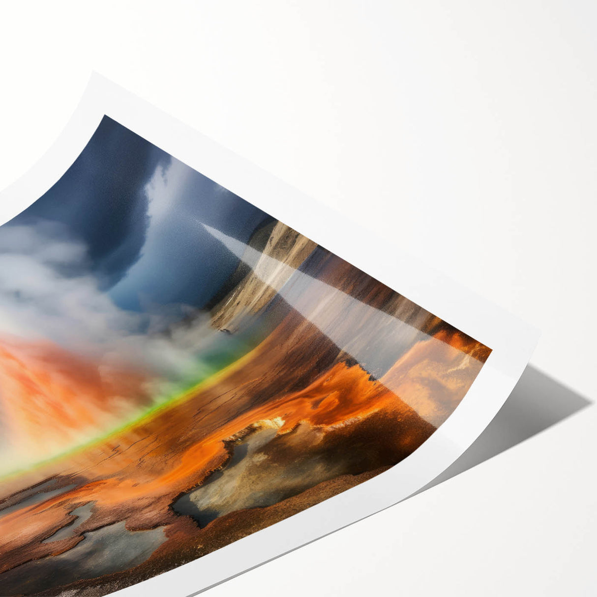 Vibrant rolled wall art print showcasing a colorful geyser landscape design, featuring swirling blues and greens, ideal for modern decor and home aesthetics.