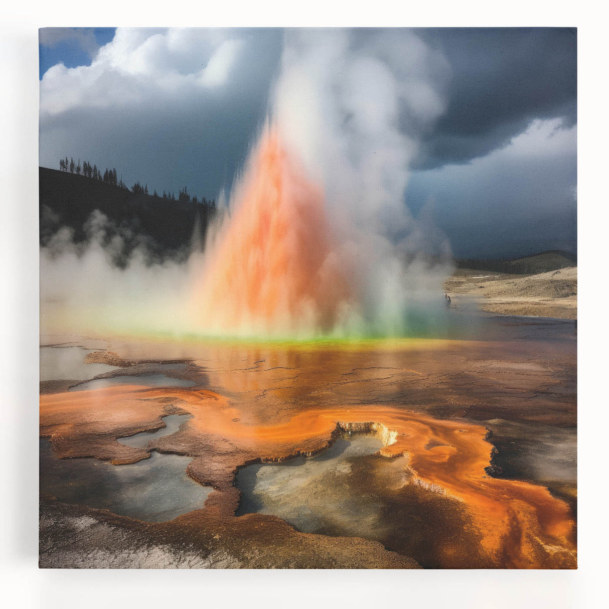 Stretched canvas wall art showcasing a vibrant geyser landscape design, featuring vivid colors and natural textures, ideal for enhancing modern home decor.