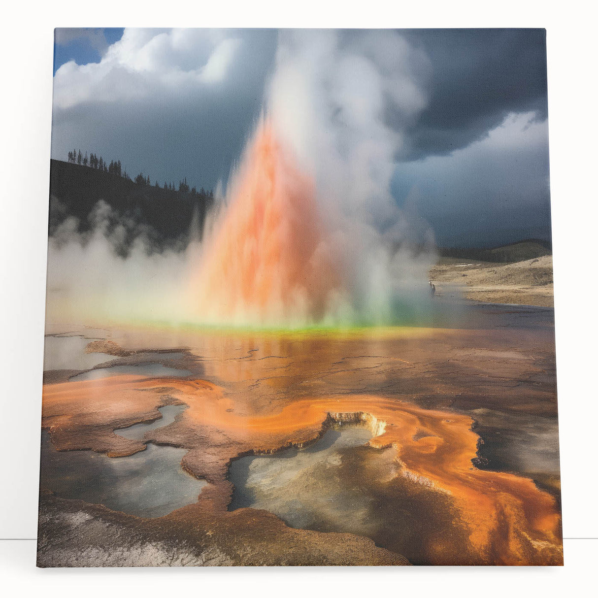 Stretched canvas wall art showcasing a vibrant geyser landscape design, featuring rich colors and dynamic textures, perfect for modern home decor.