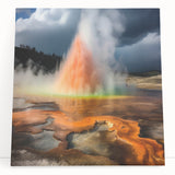 Stretched canvas wall art showcasing a vibrant geyser landscape design, featuring rich colors and dynamic textures, perfect for modern home decor.