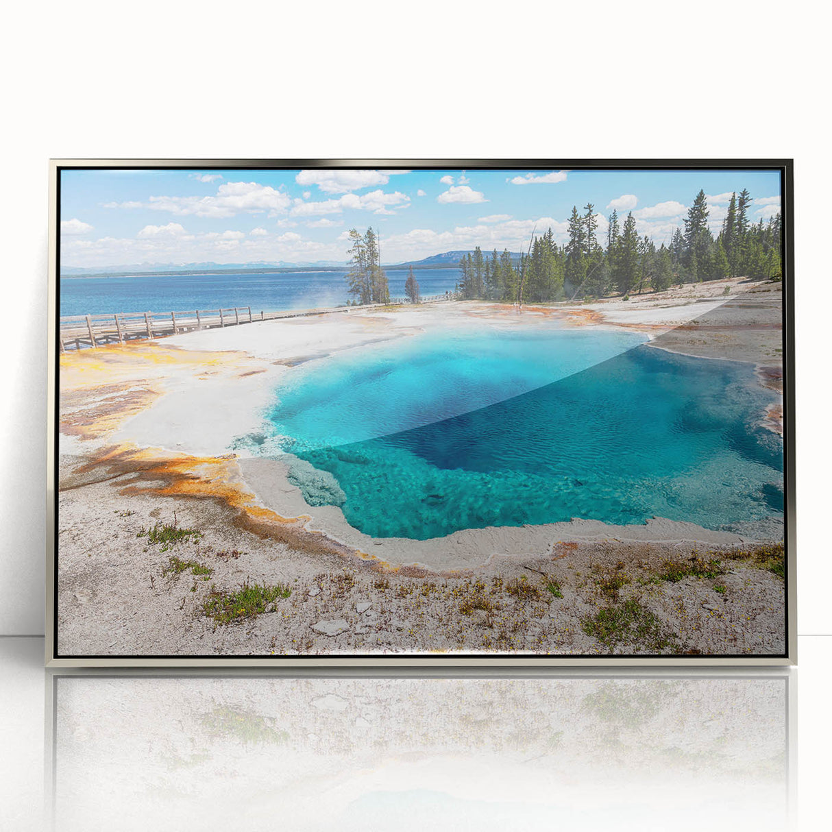 Framed acrylic wall art featuring a striking geyser design with vibrant colors and intricate details, perfect for enhancing modern home decor and adding a touch of nature-inspired elegance.