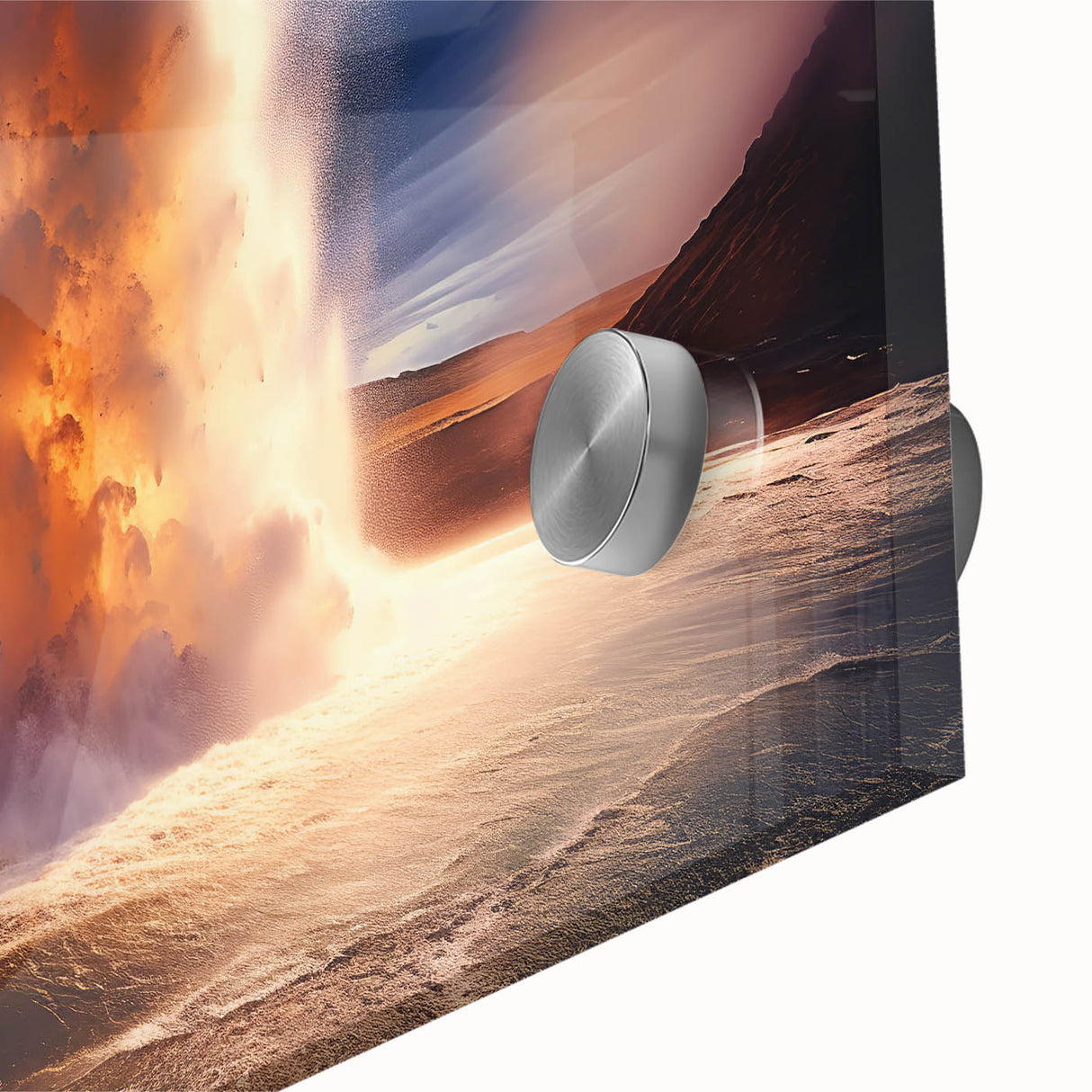 Close-up of a vibrant geyser landscape wall art piece, featuring rich colors and intricate details, printed on high-quality acrylic glass for striking visual impact. Perfect for adding a natural touch to modern decor.
