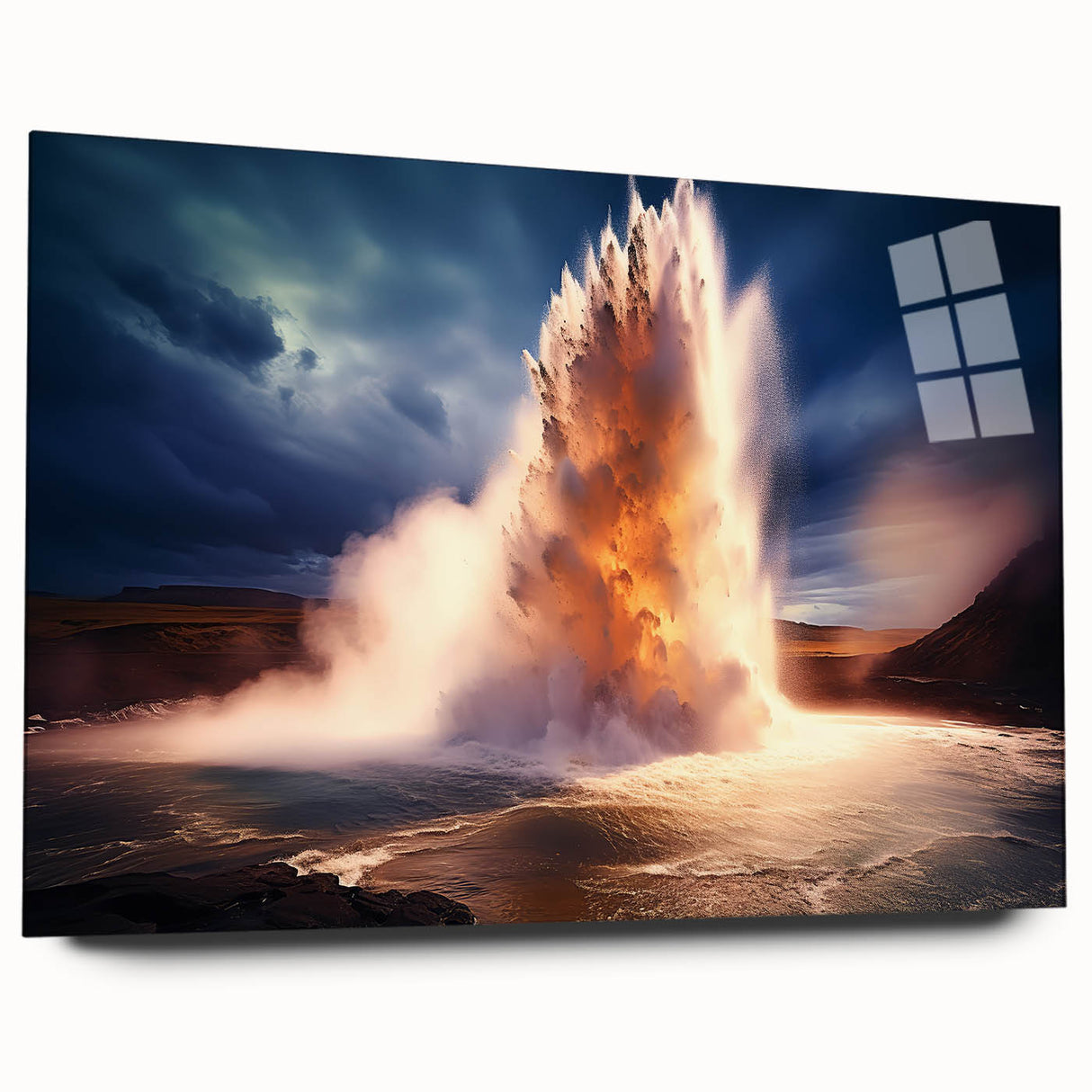 Acrylic glass wall art featuring a vibrant geyser landscape design, showcasing vivid colors and intricate details, perfect for modern home decor. Ideal for adding a striking focal point to any room.
