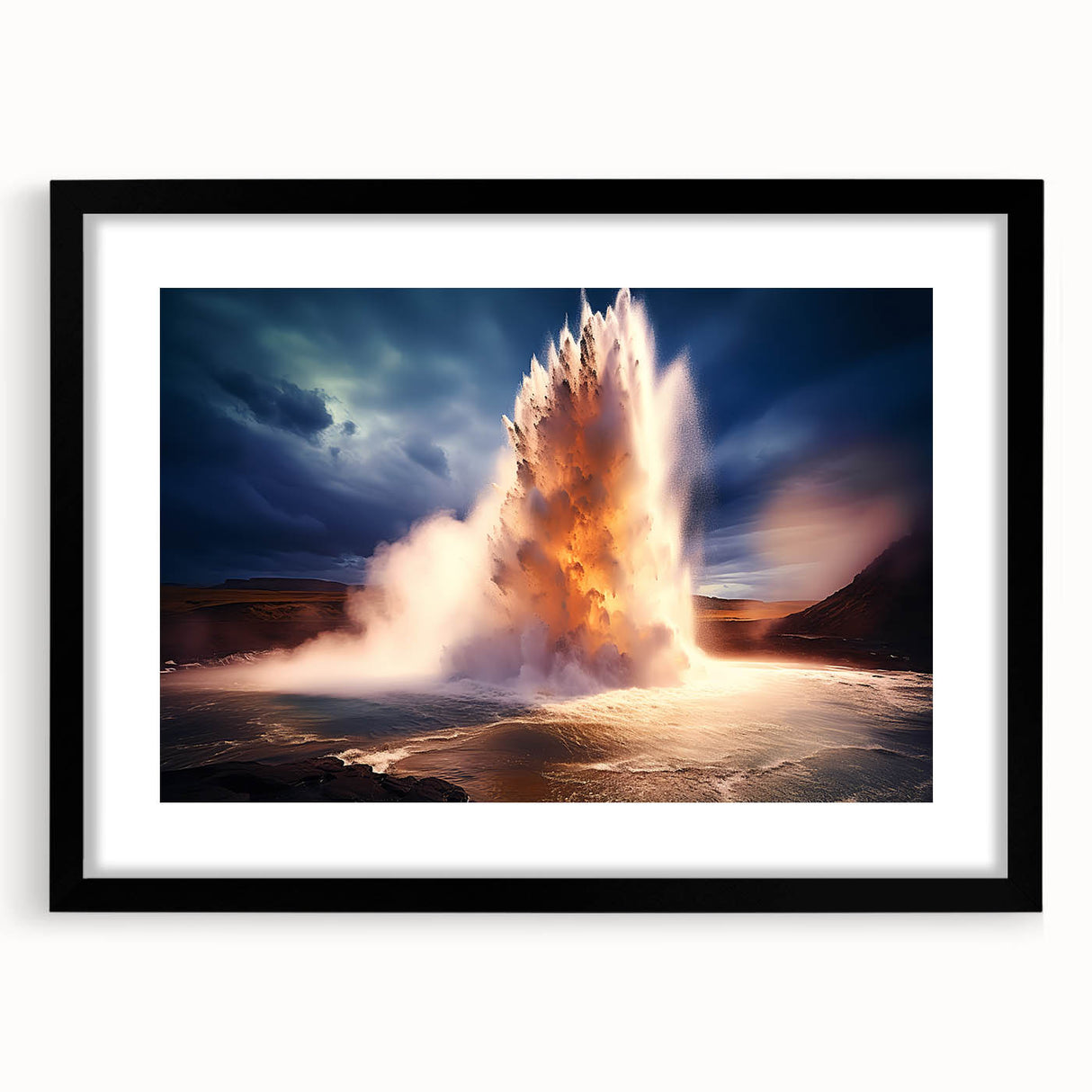 Framed landscape art print showcasing a geyser design in vibrant colors, featuring a sleek black mat and frame, perfect for modern home decor.