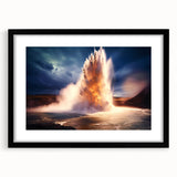 Framed landscape art print showcasing a geyser design in vibrant colors, featuring a sleek black mat and frame, perfect for modern home decor.