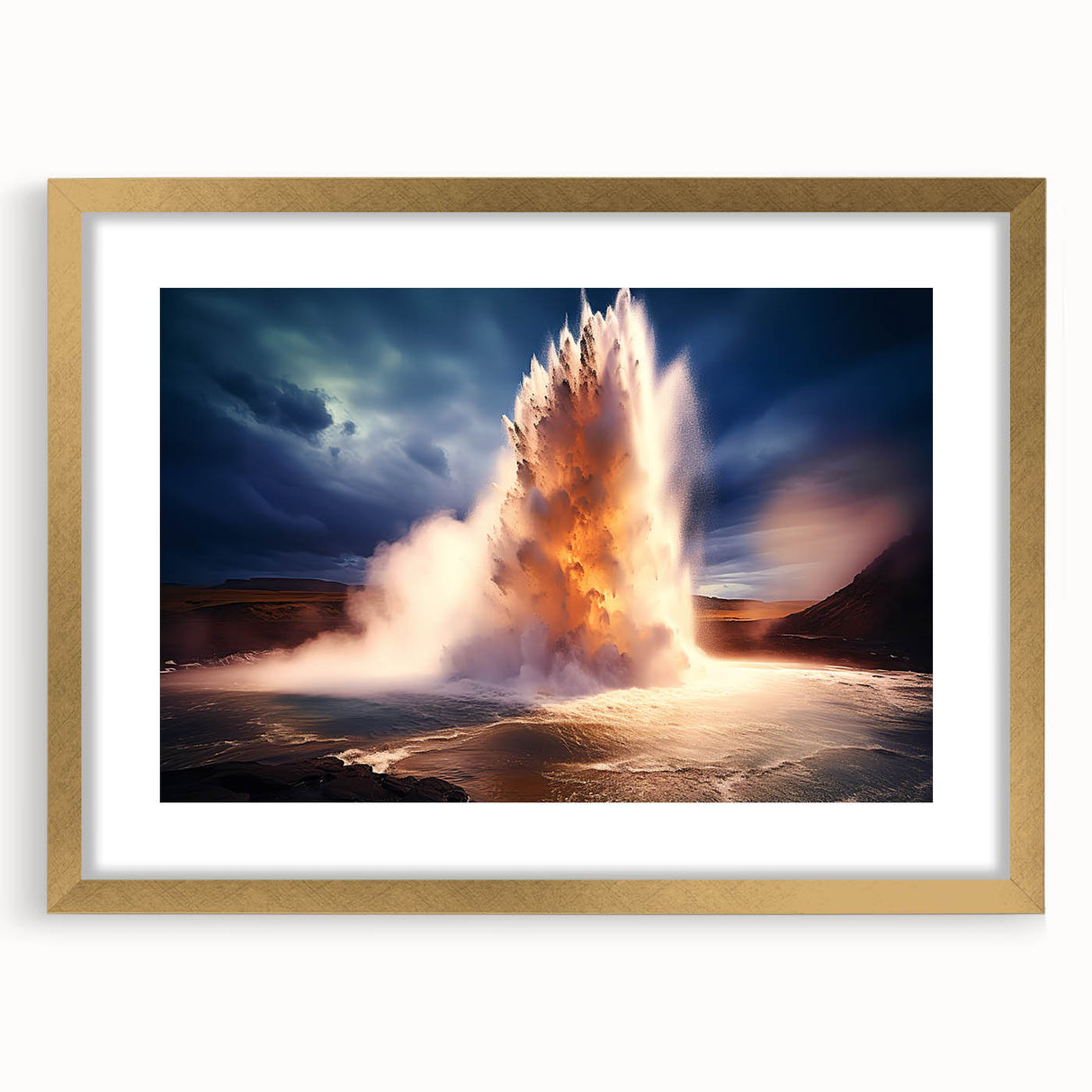 Geyser Design 9 wall art collection featuring a gold-framed print with a mat, showcasing a vibrant landscape scene, ideal for modern home decor.