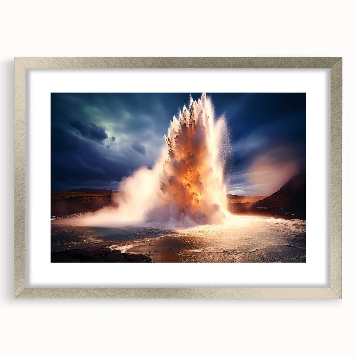Framed wall art featuring a stunning geyser landscape design with a silver mat, showcasing vibrant colors and intricate details, perfect for home decor enhancement.