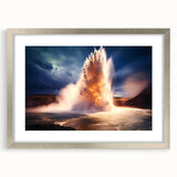 Framed wall art featuring a stunning geyser landscape design with a silver mat, showcasing vibrant colors and intricate details, perfect for home decor enhancement.