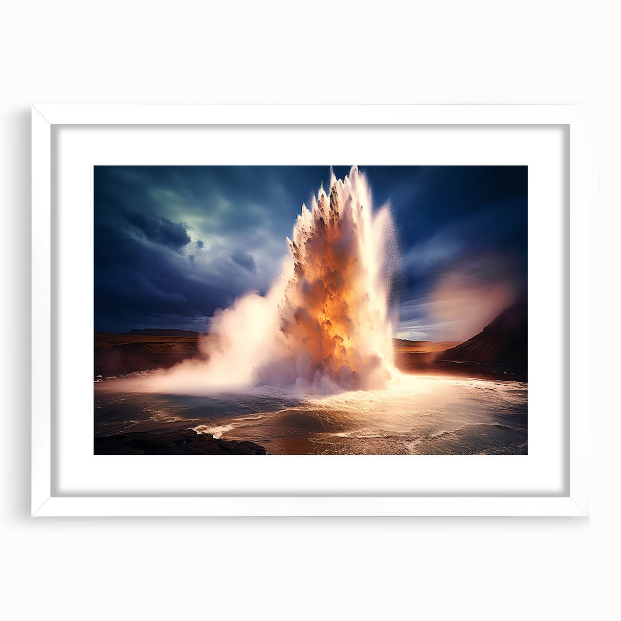 Framed wall art featuring a stunning geyser landscape design, set in a white mat and frame. Ideal for enhancing modern home decor with nature-inspired aesthetics.