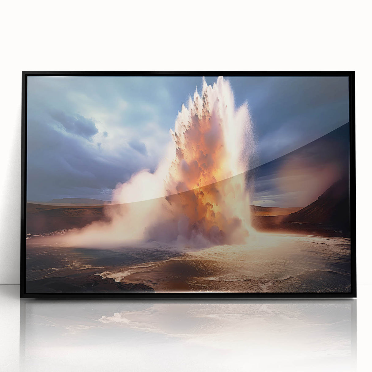 Framed acrylic wall art showcasing a vibrant geyser landscape design in black frame, perfect for modern home decor and gallery walls.