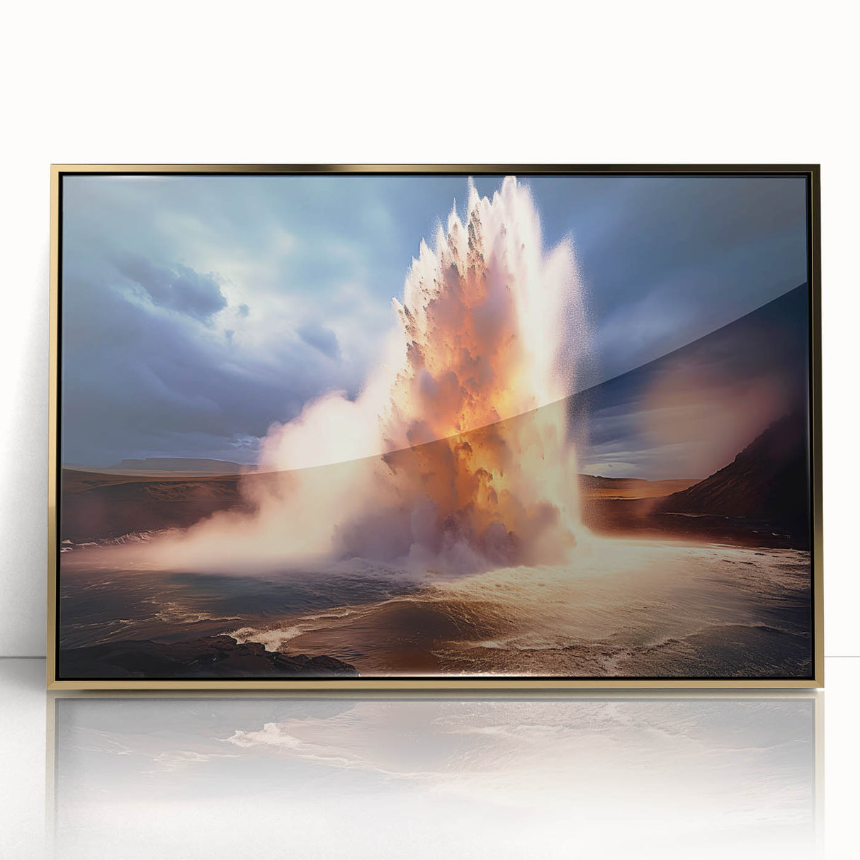Framed acrylic wall art featuring a stunning geyser landscape design in gold tones, perfect for modern home decor. Elegant presentation adds sophistication to any room.
