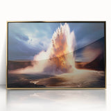 Framed acrylic wall art featuring a stunning geyser landscape design in gold tones, perfect for modern home decor. Elegant presentation adds sophistication to any room.