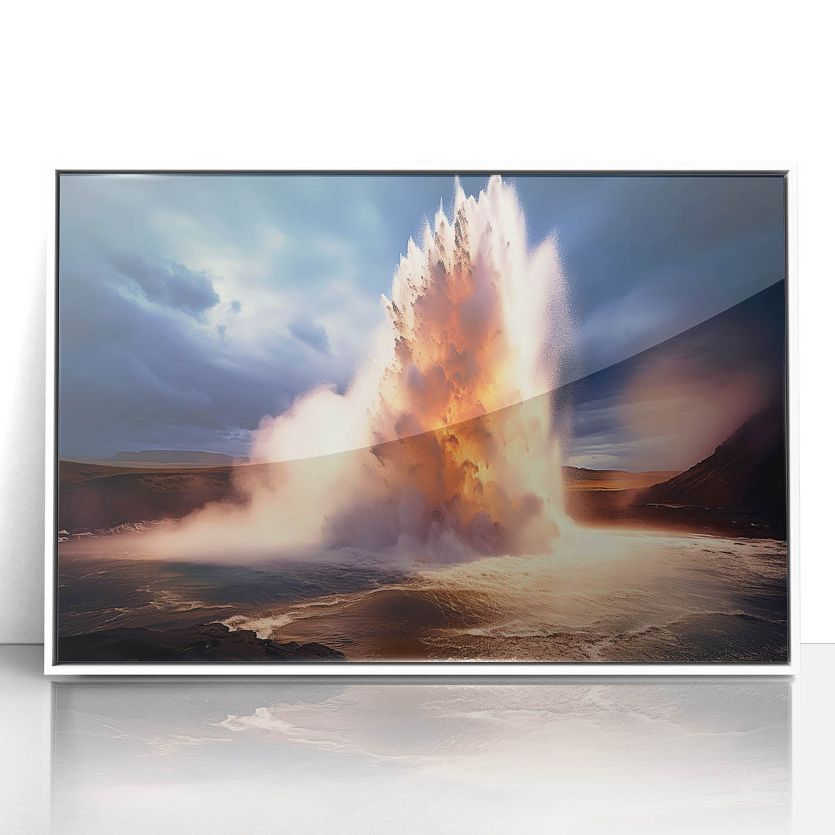 Framed wall art featuring a striking geyser landscape design in vibrant colors, showcased in a sleek white frame, perfect for modern home decor.