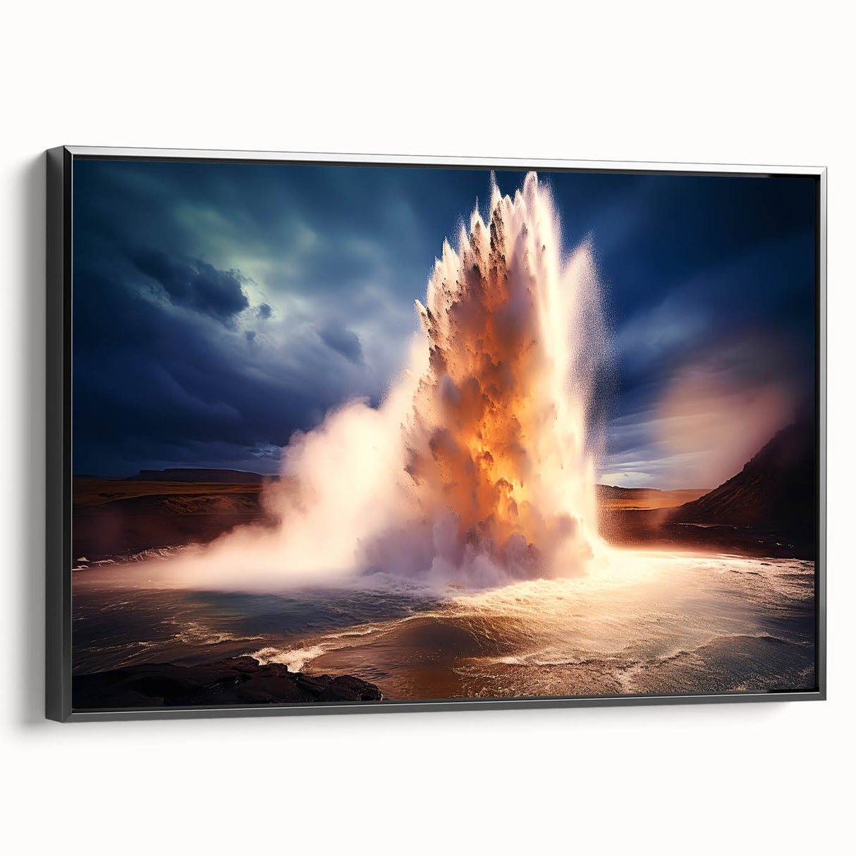 Framed canvas wall art showcasing a black-and-white geyser landscape design, with a sleek side view highlighting its modern aesthetic and texture. Perfect for contemporary home decor.