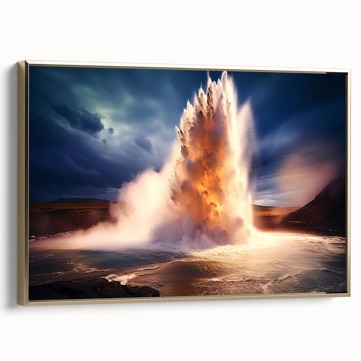 Framed canvas wall art showcasing a stunning geyser landscape design in rich gold tones, perfect for enhancing modern home decor with elegance and style.