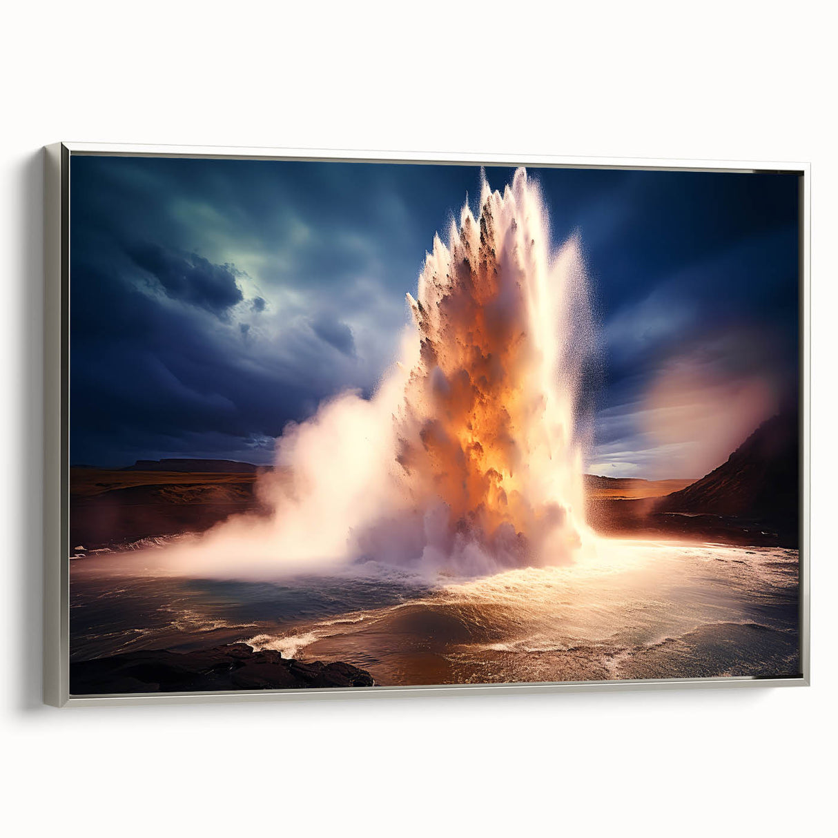 Framed canvas wall art showcasing a stunning geyser landscape design in silver tones, ideal for modern home decor, adding a touch of elegance and nature-inspired beauty.
