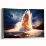Framed canvas wall art showcasing a stunning geyser landscape design in silver tones, ideal for modern home decor, adding a touch of elegance and nature-inspired beauty.