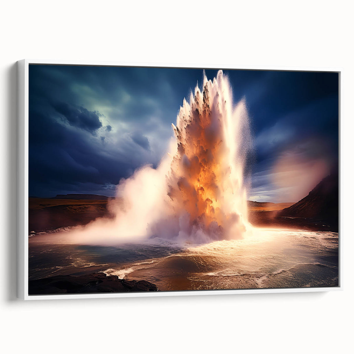 Framed canvas wall art showcasing a geyser landscape design, featuring vibrant colors and intricate details, elegantly displayed against a white backdrop.