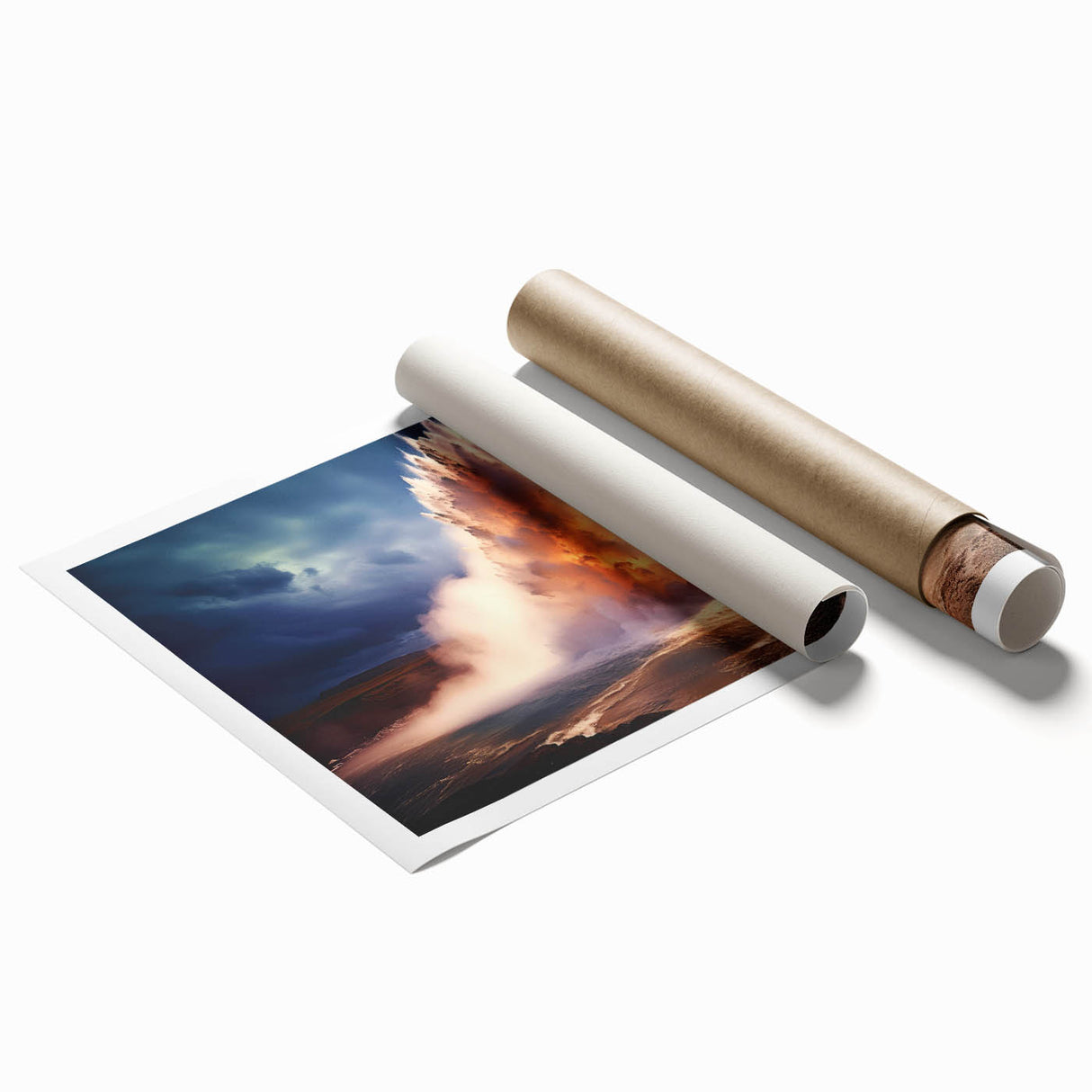 Vibrant rolled print of a geyser landscape design, showcasing rich colors and intricate details, ideal for enhancing modern home decor aesthetics.