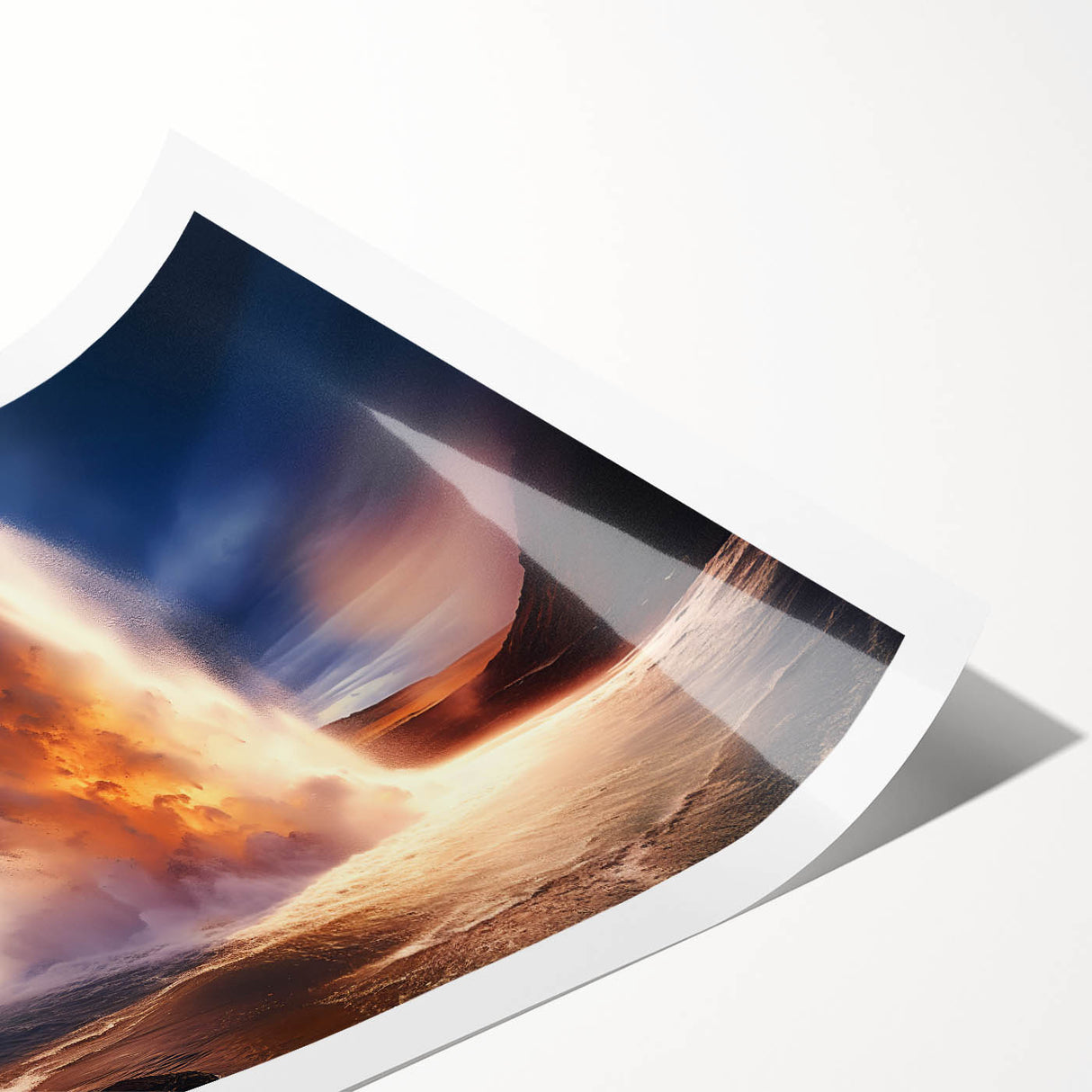 Vibrant rolled print showcasing a geyser landscape design, featuring rich colors and intricate details, ideal for home decor. Packaged securely in a durable tube.