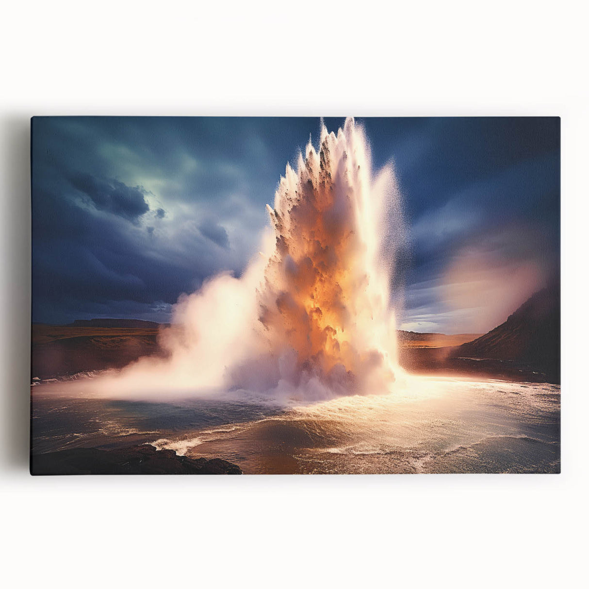 Stretched canvas wall art showcasing a vibrant geyser landscape design, featuring vivid colors and intricate details, perfect for enhancing modern interior decor.