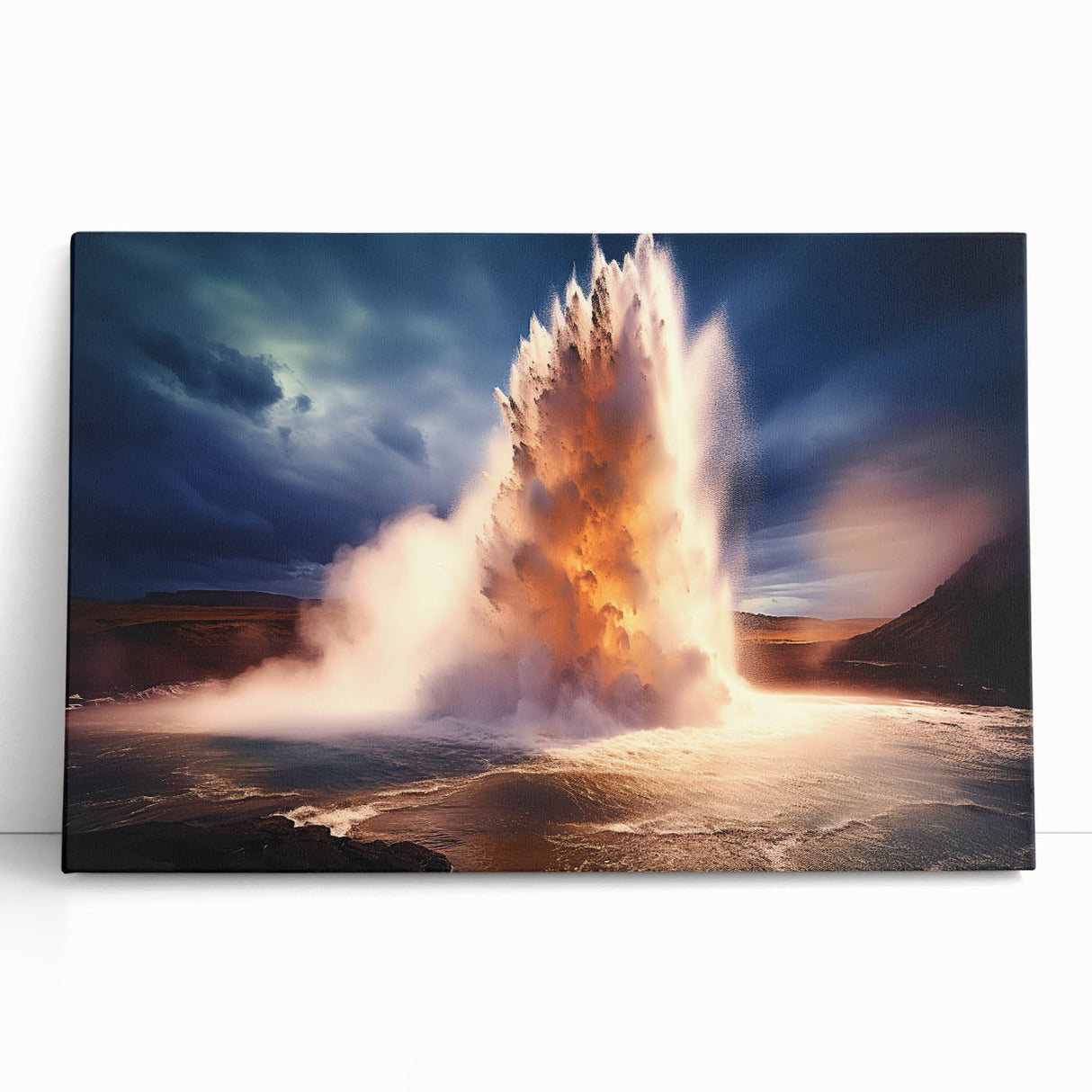 Stretched canvas wall art featuring a serene geyser landscape design, showcasing vibrant colors and intricate details, perfect for enhancing home decor.