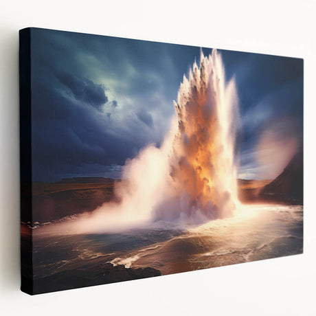 Stretched canvas wall art showcasing a vibrant geyser landscape design, featuring vivid colors and dynamic patterns, ideal for home decor enhancement.