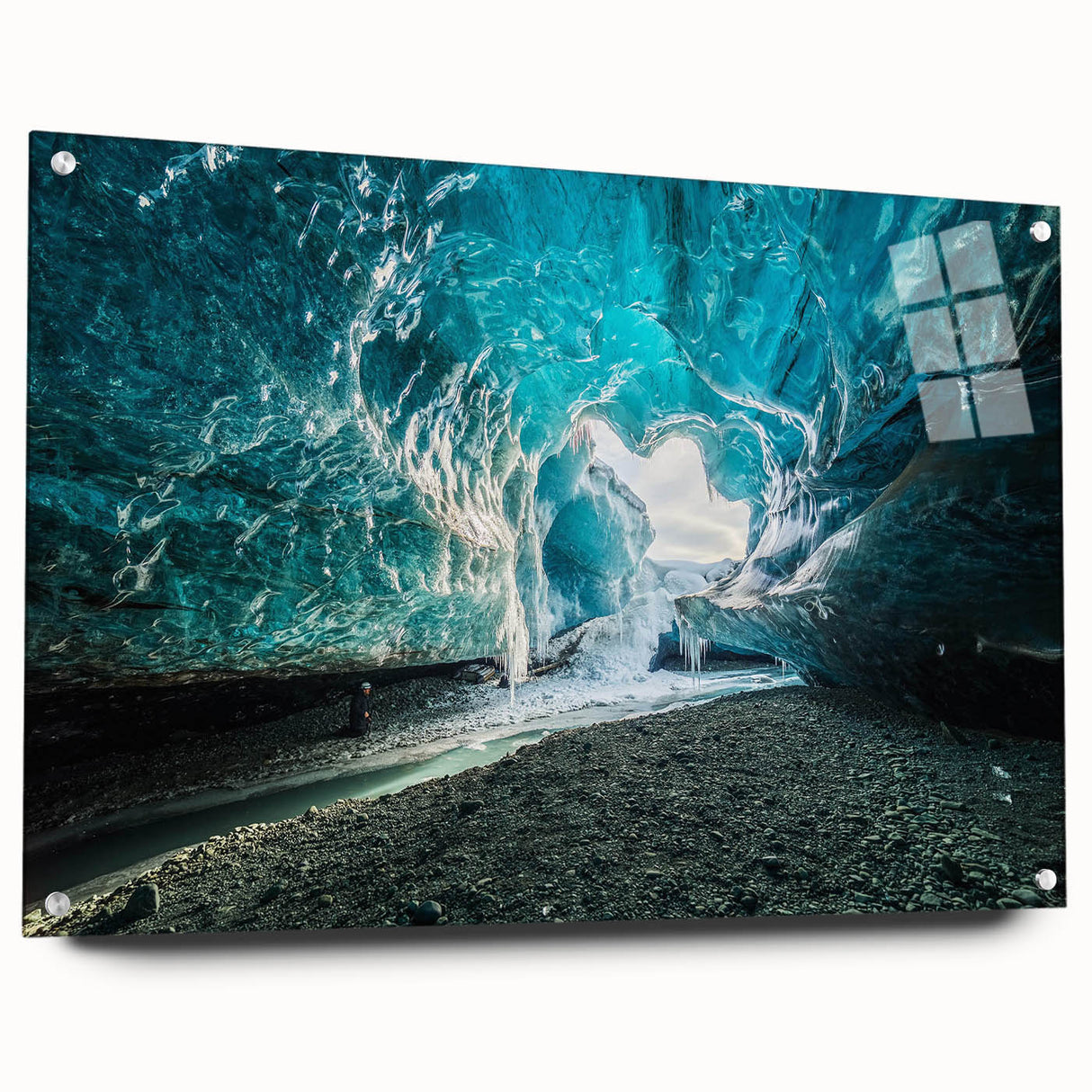 Acrylic glass wall art showcasing a stunning glacier landscape design, side view with pins visible, perfect for contemporary home decor, emphasizing cool blue tones and crisp, detailed imagery.