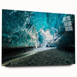 Acrylic glass wall art showcasing a stunning glacier landscape design, featuring vibrant blue and white hues, displayed in a side view without pins. Perfect for modern home decor.