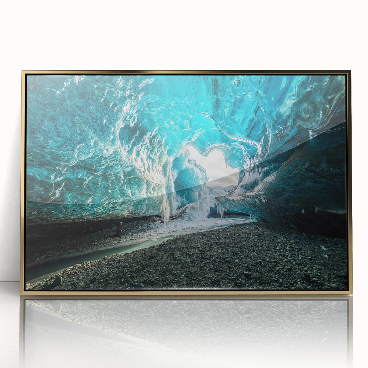 Framed acrylic wall art featuring a stunning glacier landscape design, highlighted with gold accents. The artwork showcases vibrant blues and whites, perfect for enhancing modern home decor.