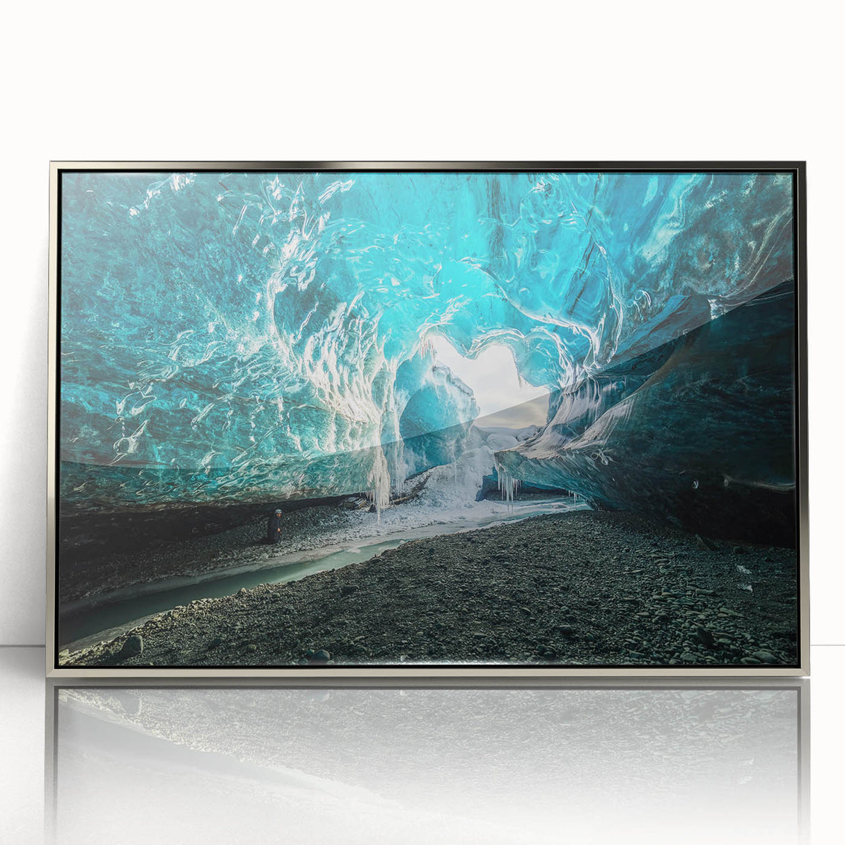 Framed acrylic wall art displaying a stunning glacier landscape design with silver accents, perfect for modern home decor. Ideal for nature enthusiasts and interior design lovers.