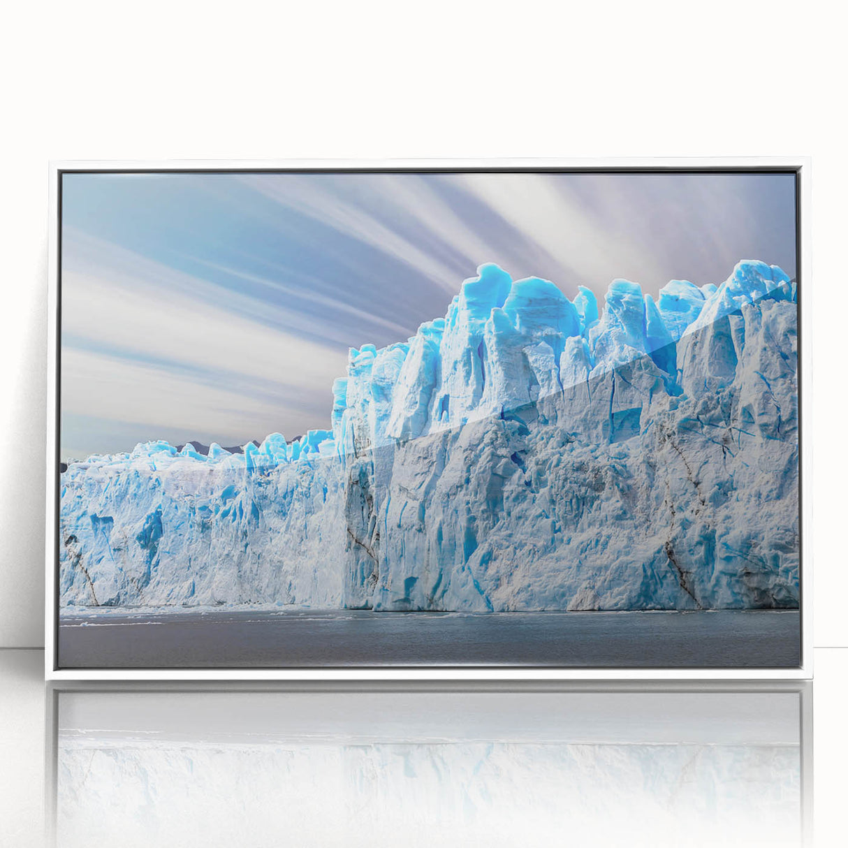 Framed acrylic wall art featuring a stunning glacier landscape design, showcasing icy blues and whites, ideal for modern home decor. Perfect for adding a serene touch to any room.