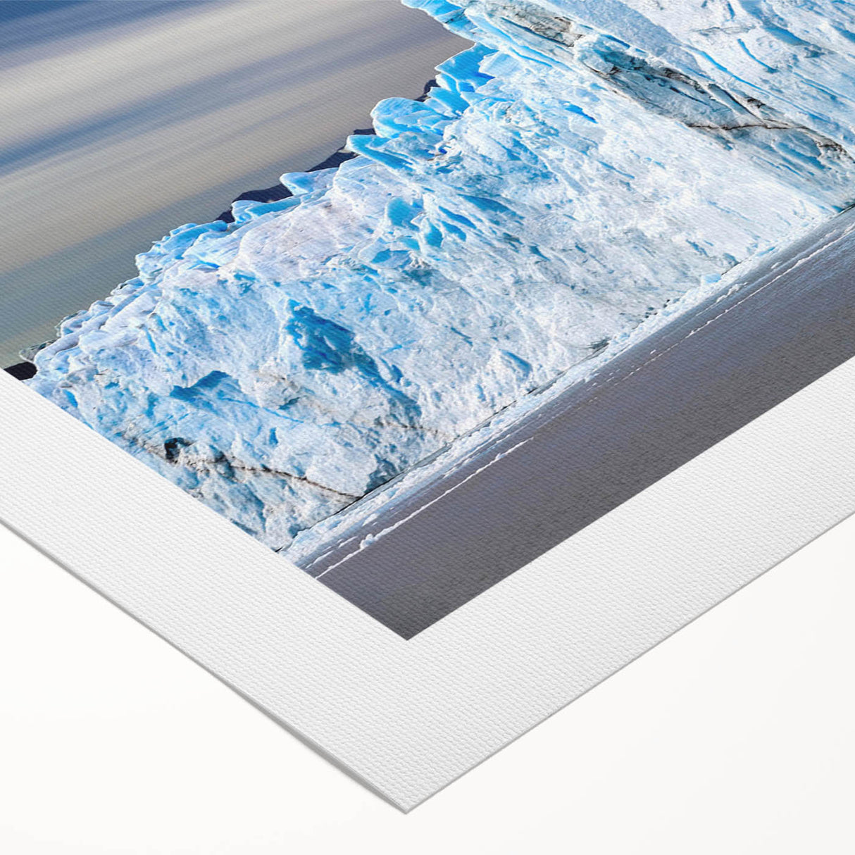 Stunning rolled canvas artwork showcasing a breathtaking glacier landscape design, featuring vibrant blues and whites, perfect for enhancing modern home decor.