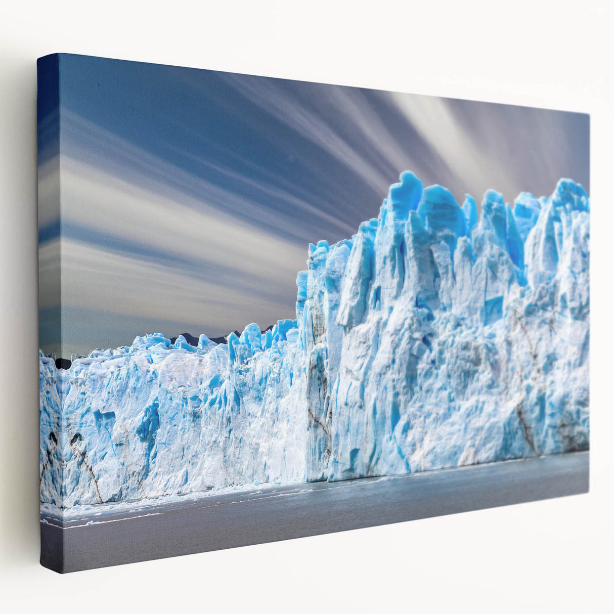 Stretched canvas wall art showcasing a stunning glacier landscape design, highlighting icy blues and whites, perfect for enhancing modern home decor.