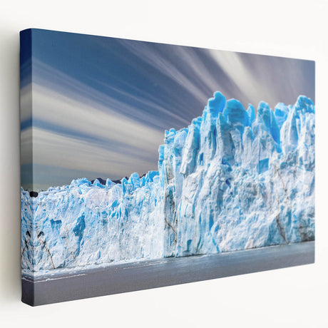 Stretched canvas wall art showcasing a stunning glacier landscape design, highlighting icy blues and whites, perfect for enhancing modern home decor.