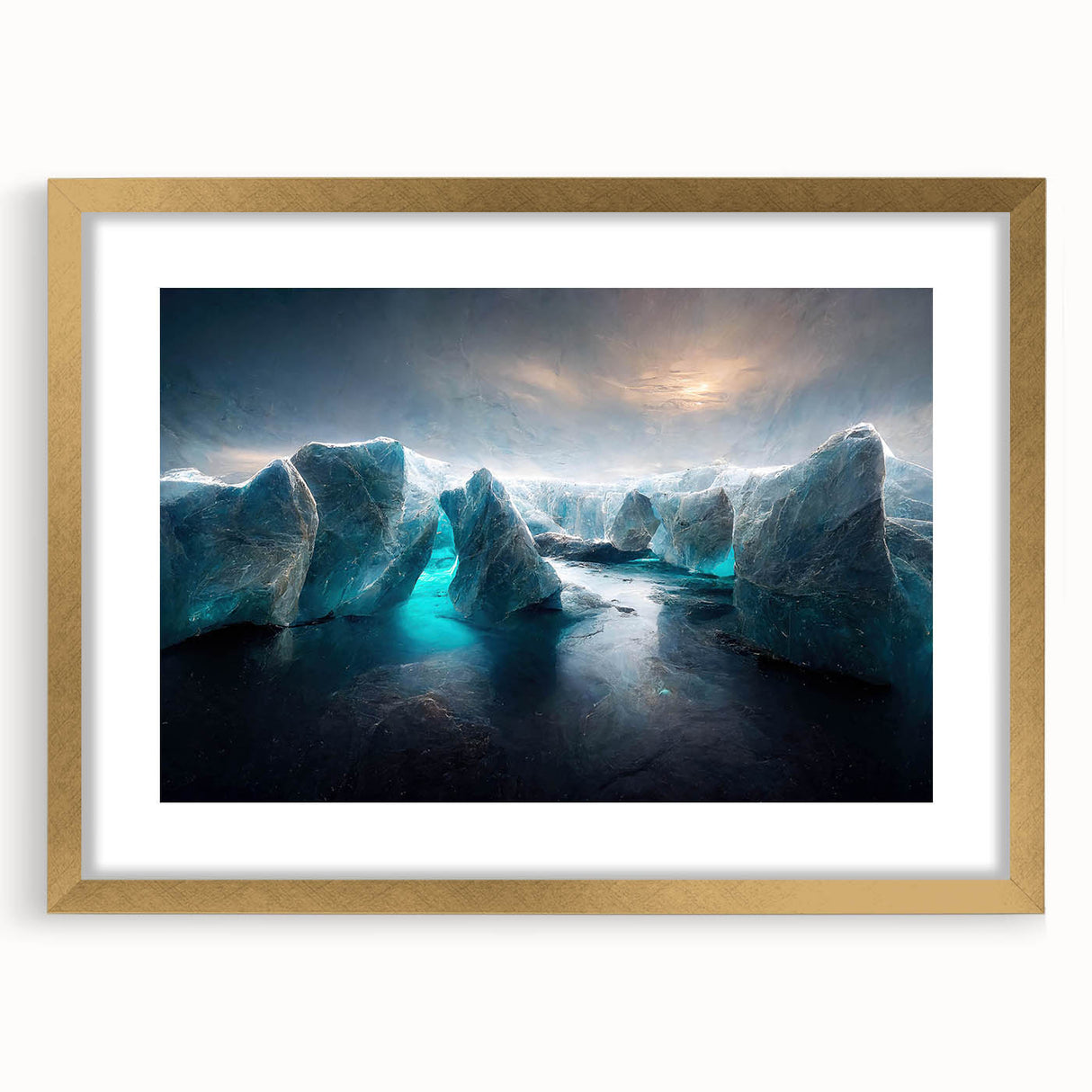 Framed landscape wall art featuring a glacier design, set in a gold frame with a white mat, showcasing a serene winter scene ideal for home decor.
