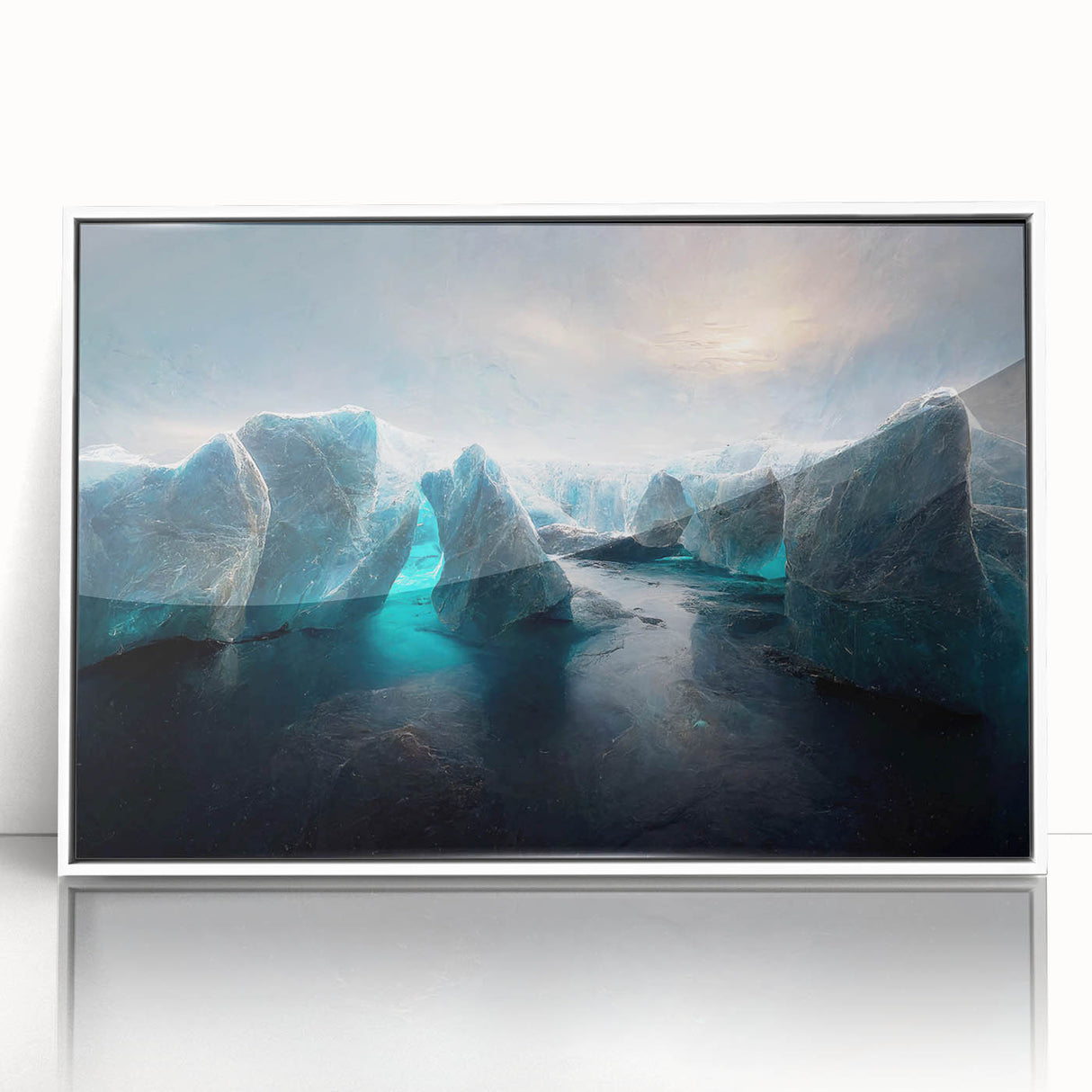 Framed acrylic wall art featuring a stunning glacier landscape design, showcasing vibrant icy blues and whites, ideal for enhancing home decor.