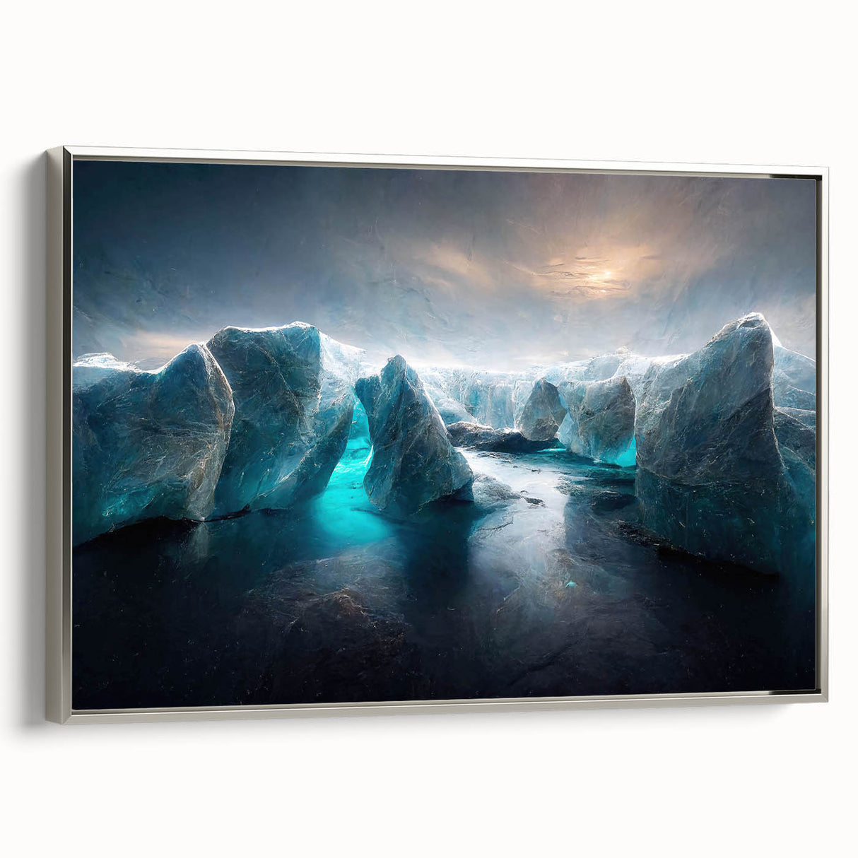 Framed canvas wall art showcasing a stunning glacier landscape design in silver tones, emphasizing intricate details and textures, ideal for modern home decor.