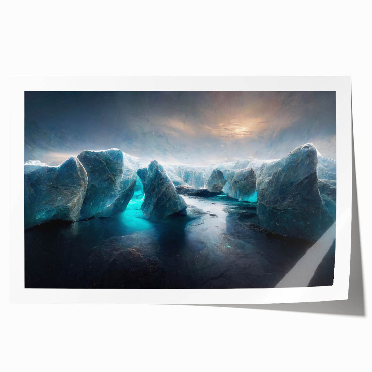 Vibrant rolled wall art print showcasing a stunning glacier landscape design, featuring icy blue tones and intricate details, perfect for home decor enhancement.