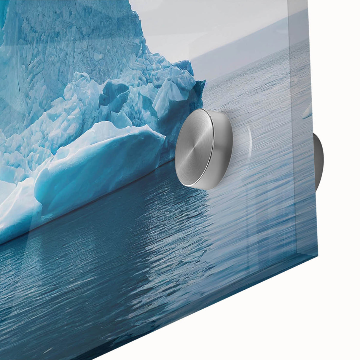 Close-up of a stunning acrylic glass wall art piece showcasing vibrant glacier landscape design, perfect for modern home decor and artistic ambiance.