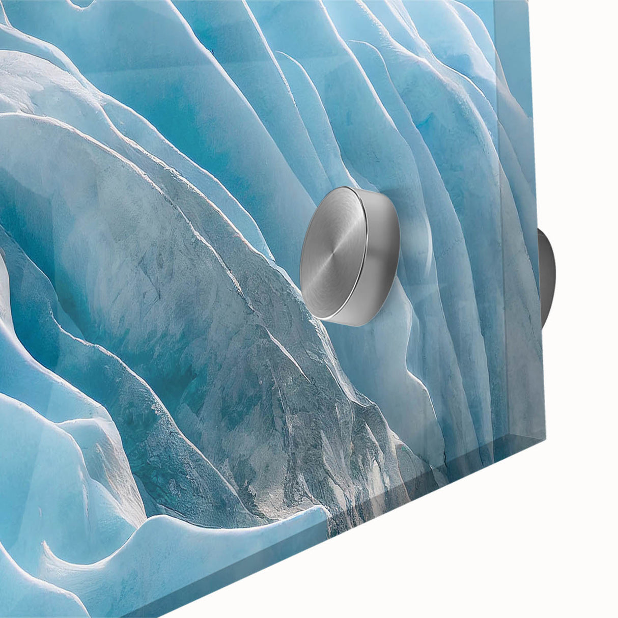 Close-up of a stunning acrylic wall art piece showcasing a vibrant glacier landscape design, featuring cool blue tones and intricate details, perfect for modern decor.