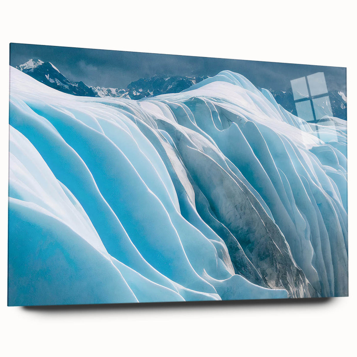 Acrylic glass wall art showcasing a stunning glacier landscape design, emphasizing vibrant blues and whites, presented in a sleek side view without pins, ideal for modern decor.
