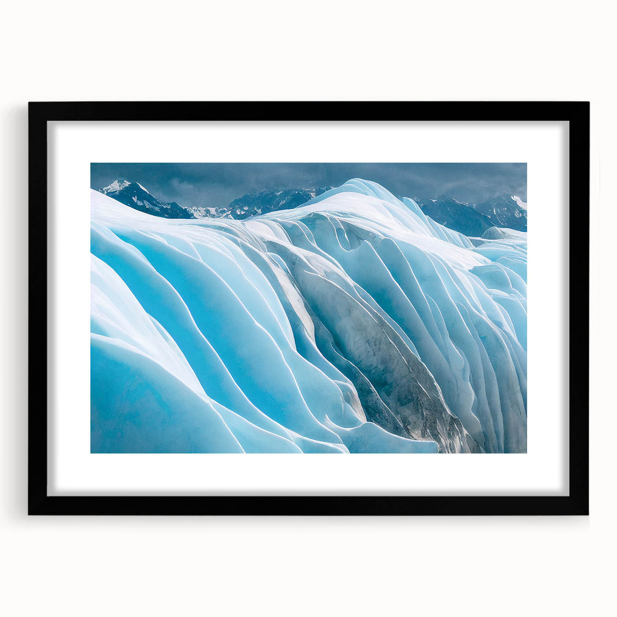 Framed wall art showcasing a stunning glacier landscape design, featuring a black frame and mat, ideal for enhancing home decor with a serene, nature-inspired aesthetic.