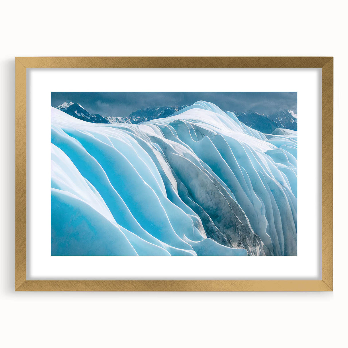 Framed wall art from the Glacier Design 13 collection, showcasing a stunning landscape scene with a gold frame and mat, perfect for home decor.