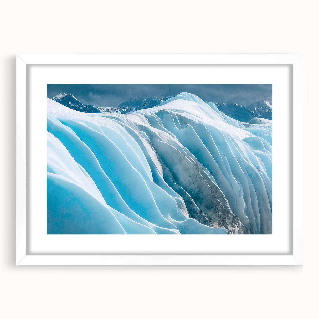 Elegant framed wall art featuring a stunning glacier landscape design with a white mat, perfect for modern home decor. Adds a serene touch to any room.