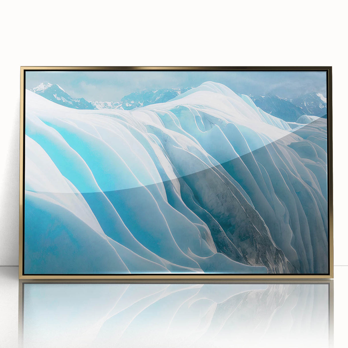 Framed acrylic wall art featuring a striking glacier landscape design in gold, showcasing intricate textures and vibrant colors, perfect for modern home decor.