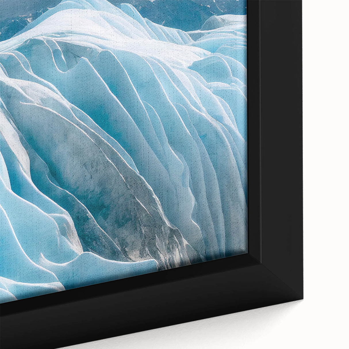 Framed canvas close-up showcasing a stunning glacier landscape with vibrant blue and white hues, perfect for enhancing any modern home decor.