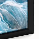 Framed canvas close-up showcasing a stunning glacier landscape with vibrant blue and white hues, perfect for enhancing any modern home decor.