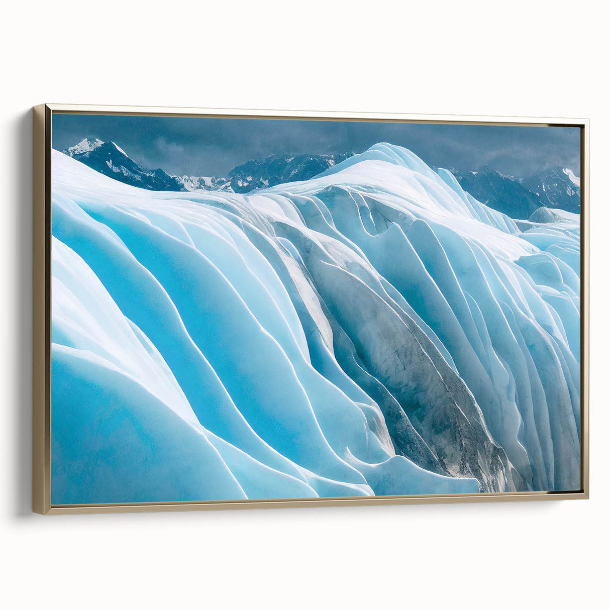 Framed canvas wall art featuring a stunning glacier landscape design, highlighted with gold accents and viewed from the side, perfect for modern decor.
